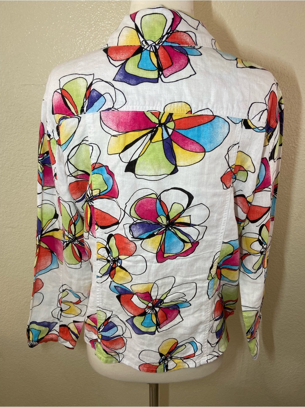 Chico's White Button-Down Blouse with Multicolor Floral Print size:2(L)100%linen - Picture 3 of 11